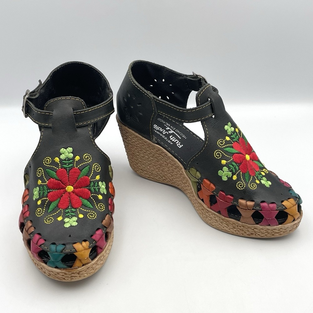 Ruth Judit Mexican Huarache Wedge Sandals Embroidered Floral Leather Size US 6